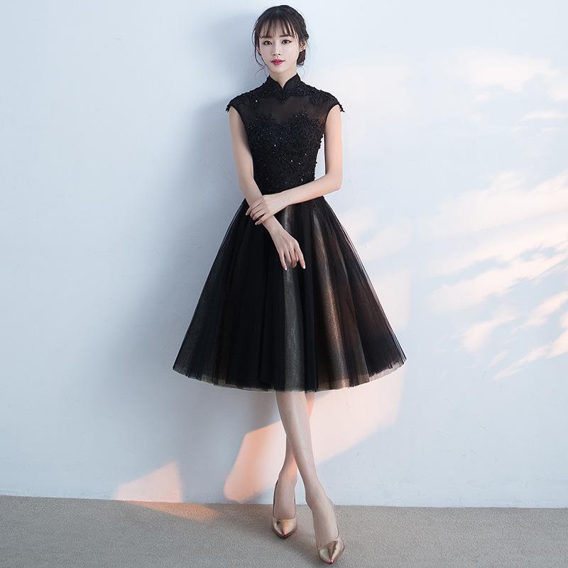 Evening dress New Chinese stand-up collar Improved cheongsam Short dress Elegant company annual meeting Chinese style XS чёрный