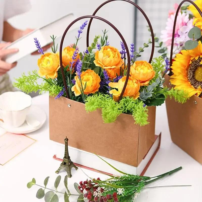 Paper Box Pink Kraft Paper Tote Bag Square Gift Bag  Flower Shop Supplies Valentine's Day Party 10pcs Fresh Flower Packaging