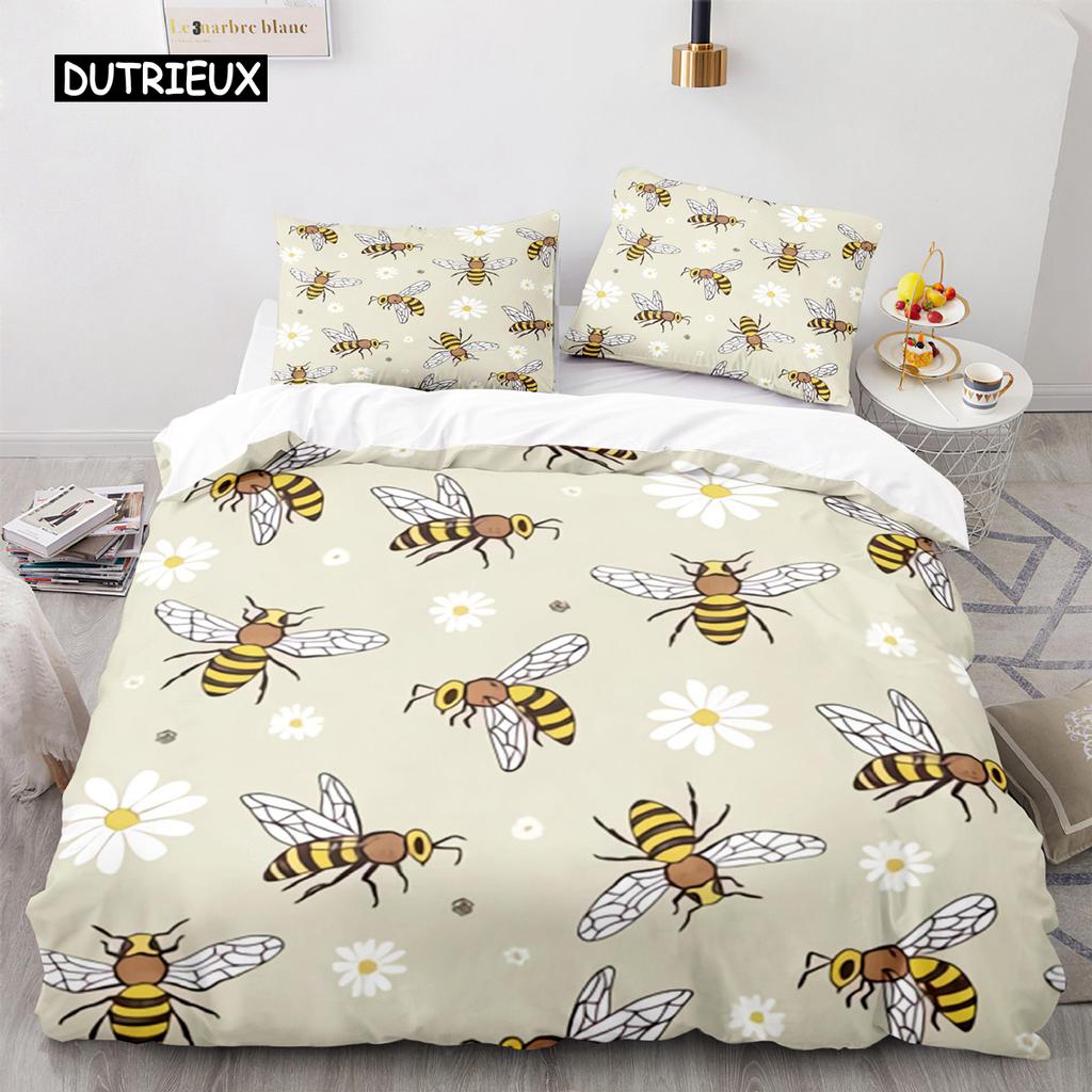 Bienen Bettbezug Set Queen Mikrofaser Floral Bettwäsche Set für Teenager Mädchen Frühling Frisches und Natürliches Thema 2/3 Teile Bettdeckenbezug