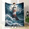 Lighthouse On Rocks Stormy Waves Swirling Print Blanket Warm Soft Fluffy Kids and Adult Sofa Bed Throw Outdoor Travel Camping