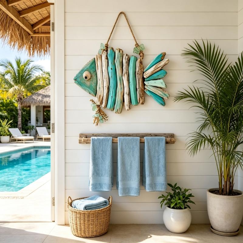Ocean Wall Hanging Fish Accent, Top Rope Wall Piece for Bathroom Entryway Living Area and Covered Porch Display