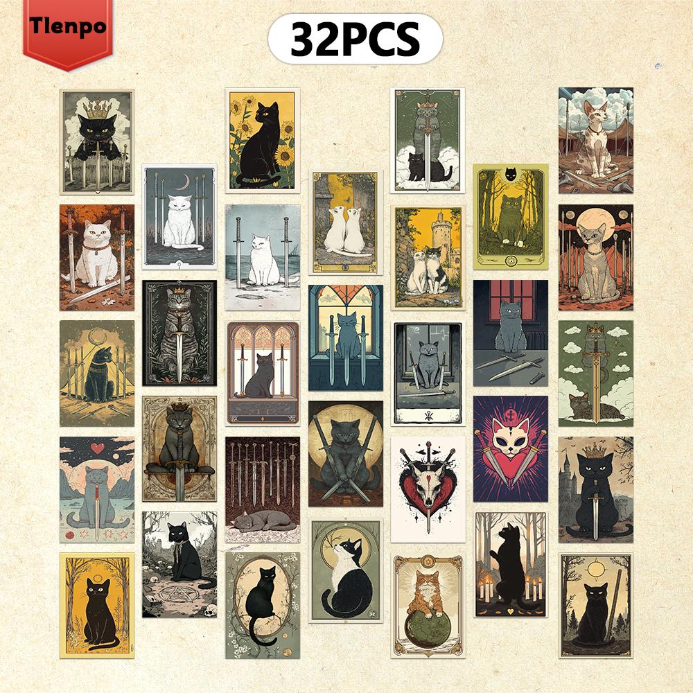 32pcs, vintage cat animal postcards, wall stickers, mailing cards, greeting cards, DIY postcards, souvenir postcards, decoration