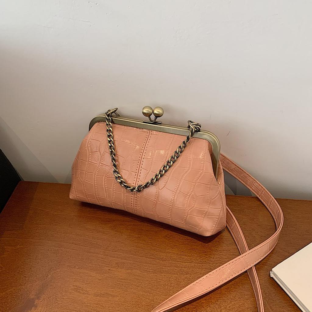 Women Girls PU Leather Kiss Lock Shoulder Bag One Shoulder Crossbody Bag Clip on Chain Handbag for Work School Travel Shopping