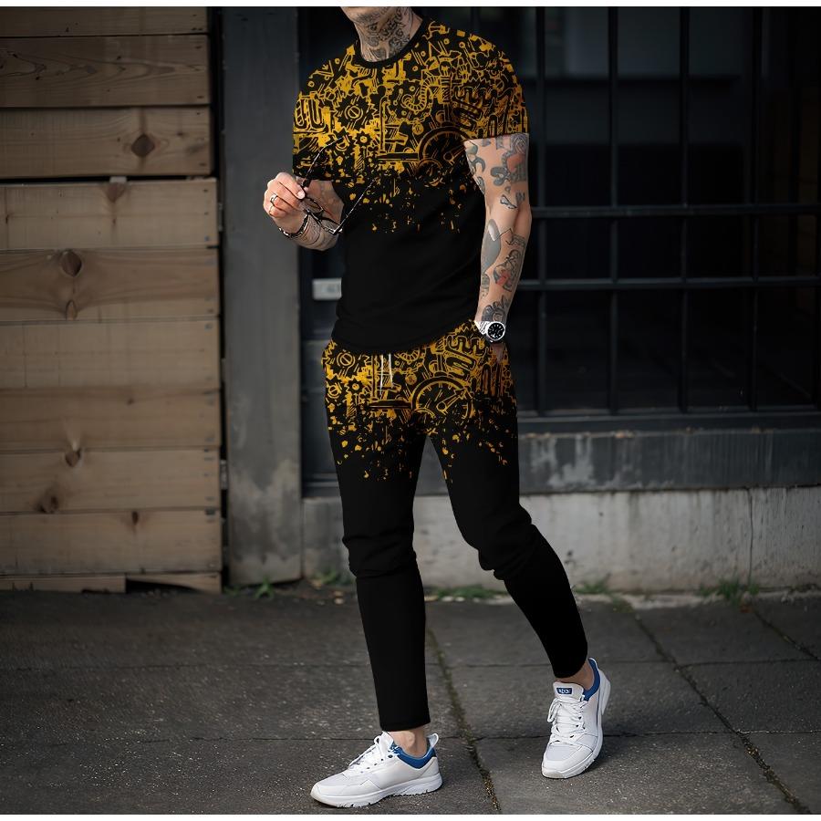 

Цветной граффити, смешивание 3D-принта, мужской спортивный комплект, футболка с короткими рукавами и штаны, комплект из 2 предметов, свободный свитер, мужская одежда 5XL