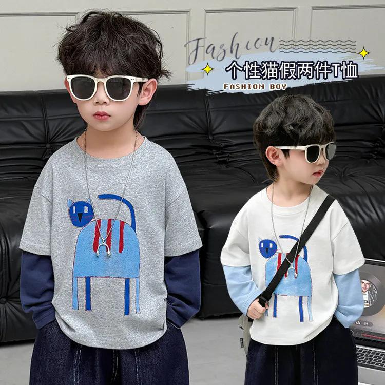 Spring Kids Cotton Long Sleeve T Shirt Boys Girls Cartoon Fake Two Piece Base Layer Top Casual Clothes 100