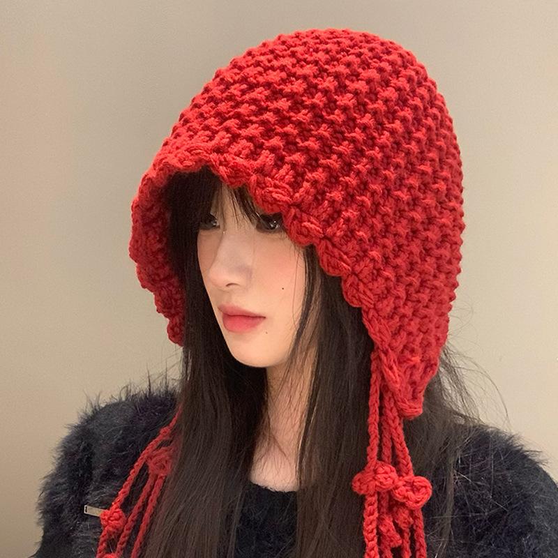 West Sichuan Tourism Tassel Ball Red Knitted Baotou Hat Women's Autumn and Winter Warm Ear Protection Face Small Wool Hat