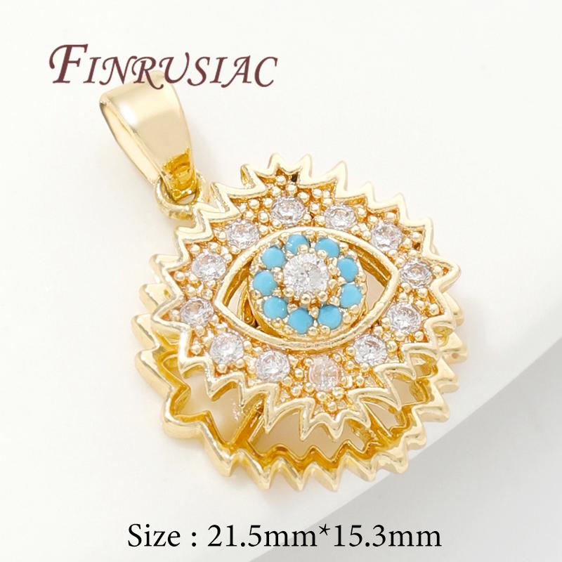 Accessoires de Collier DIY Plaqué Or Véritable 18K Pendentifs Œil Maléfique en Zircon Bleu Breloques Pour Fournitures de Fabrication de Bijoux Pendentif Fleurs