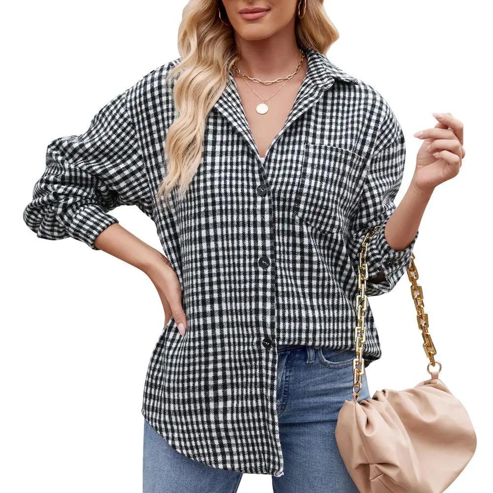 Plaid Button Flannel Woolen Single-breasted Shirt Autumn and Winter Women's Loose Contrasting Lapel Houndstooth