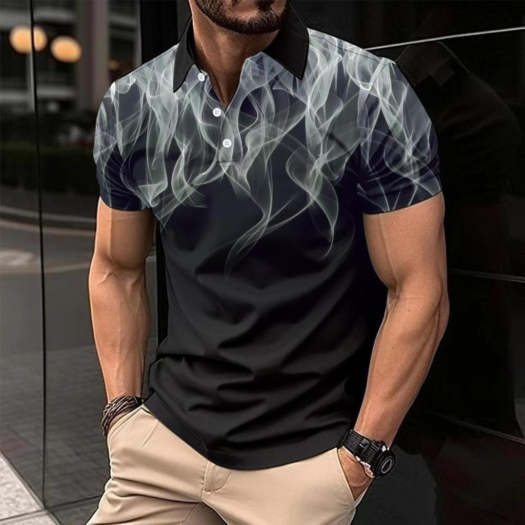 New Men's Casual Polo Shirt Lapel Button Down Business Digital Printing Slim Tops