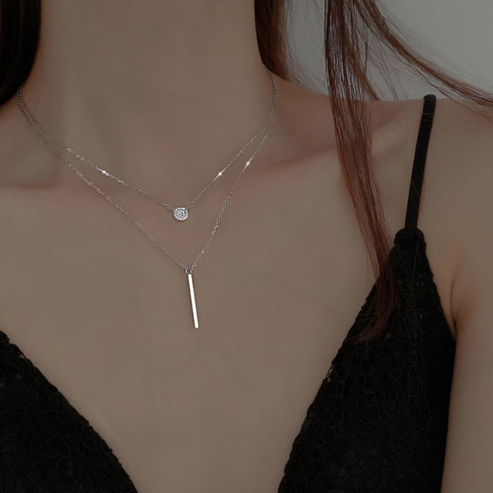 Elegante Vierkante Staaf Glanzende Kristal Ronde Dubbellaagse Ketting Dames Eenvoudige Mode Sleutelbeenketting