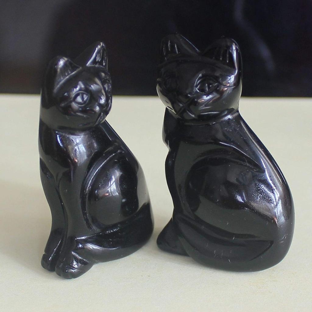 2‘’ Hand Carved Mixed Gemstone Crystal cat Animal Figurine Animal Carving (Black Obsidian)