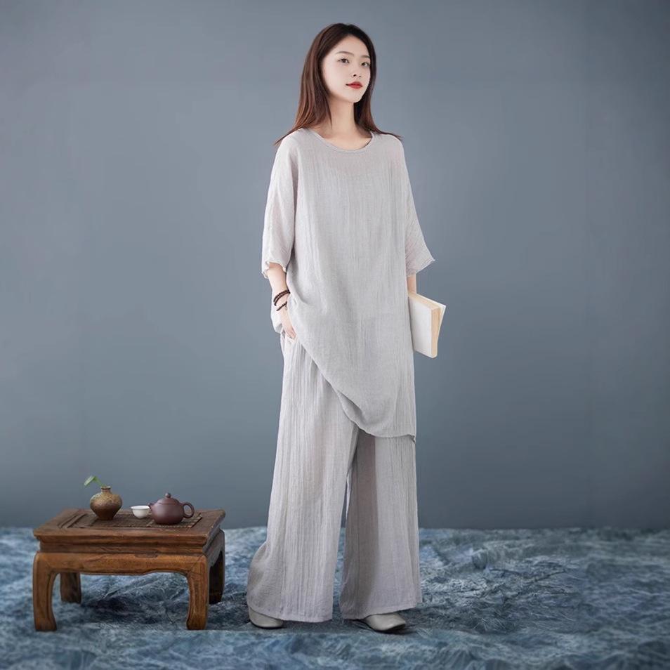 

Дзен Хлопок Лен Струящиеся Брюки и Майка Комплект - Весна/Лето Китайский Стиль XXL светло-серый