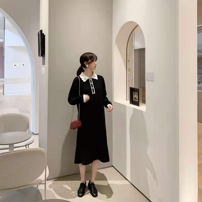 Black Sweater Skirt Lazy Style Loose Straight Skirt Minimalist Style Long Sweater Knitted Dress