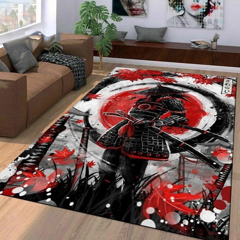 Japanese Samurai Carpet Mat Rug Red Sun Bamboo Ink Painting Oriental Home Decoration Traditional Warrior Floor Mat Bedroom Decor