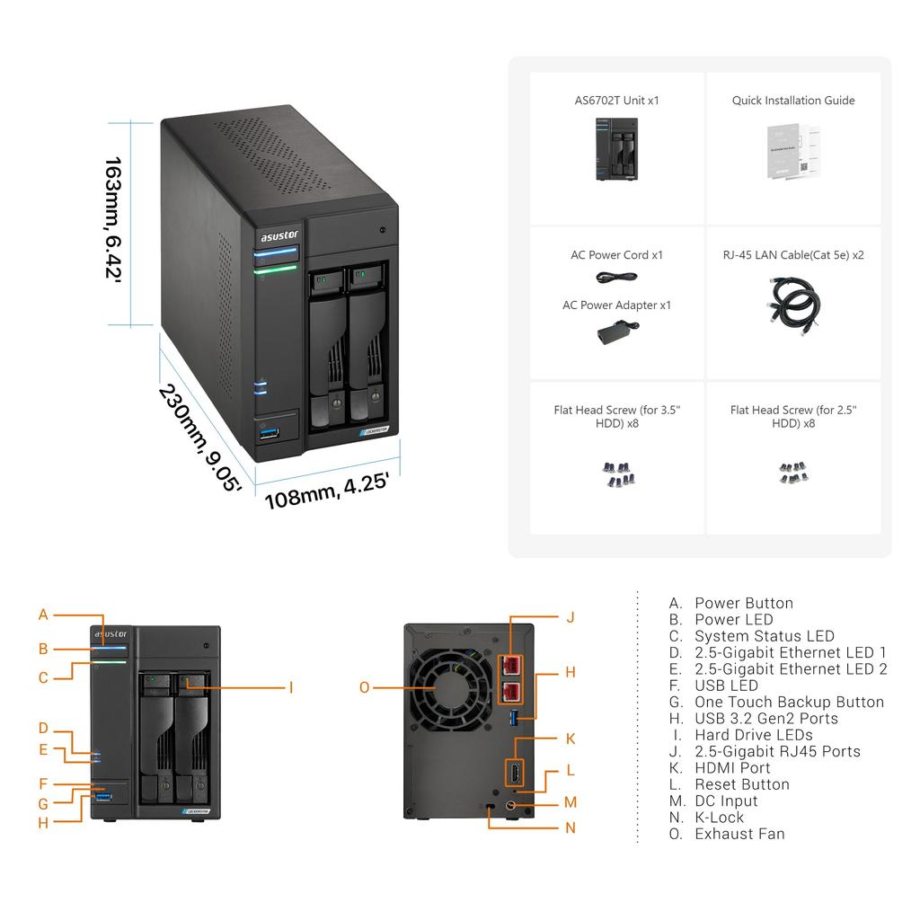 ASUSTOR ASUS Subsidiary NAS Kit 2 Bay AS6702T Lockerstor 2 Gen 2 NvMe SSD Slot Intel Celeron N5105 Quad Core High Speed Port DDR4 4GB Memory HDMI