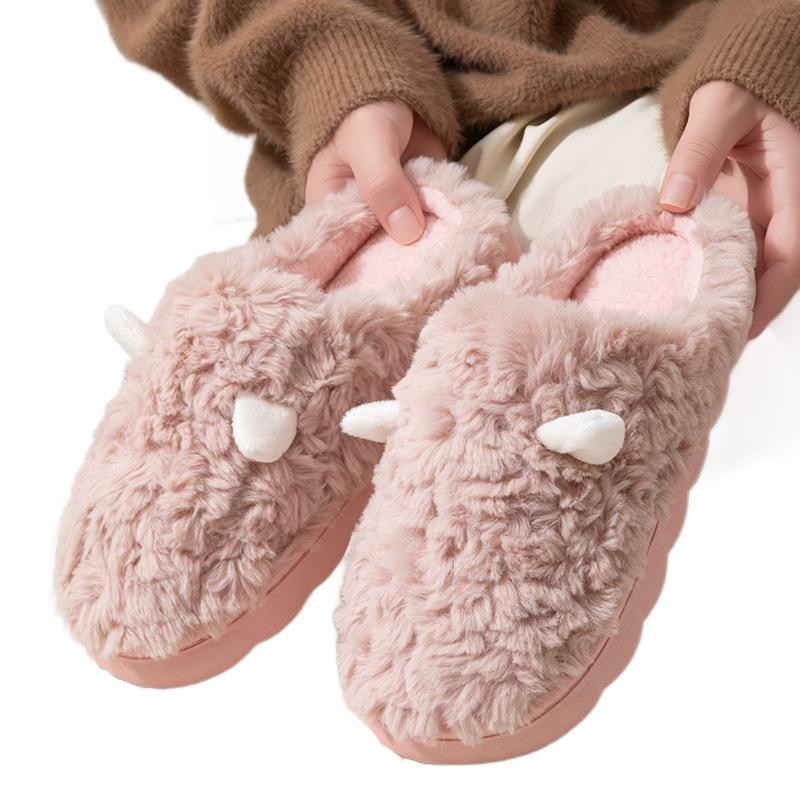 Winter cotton slippers cute ears couple home indoor warm shoes non-slip plush slippers