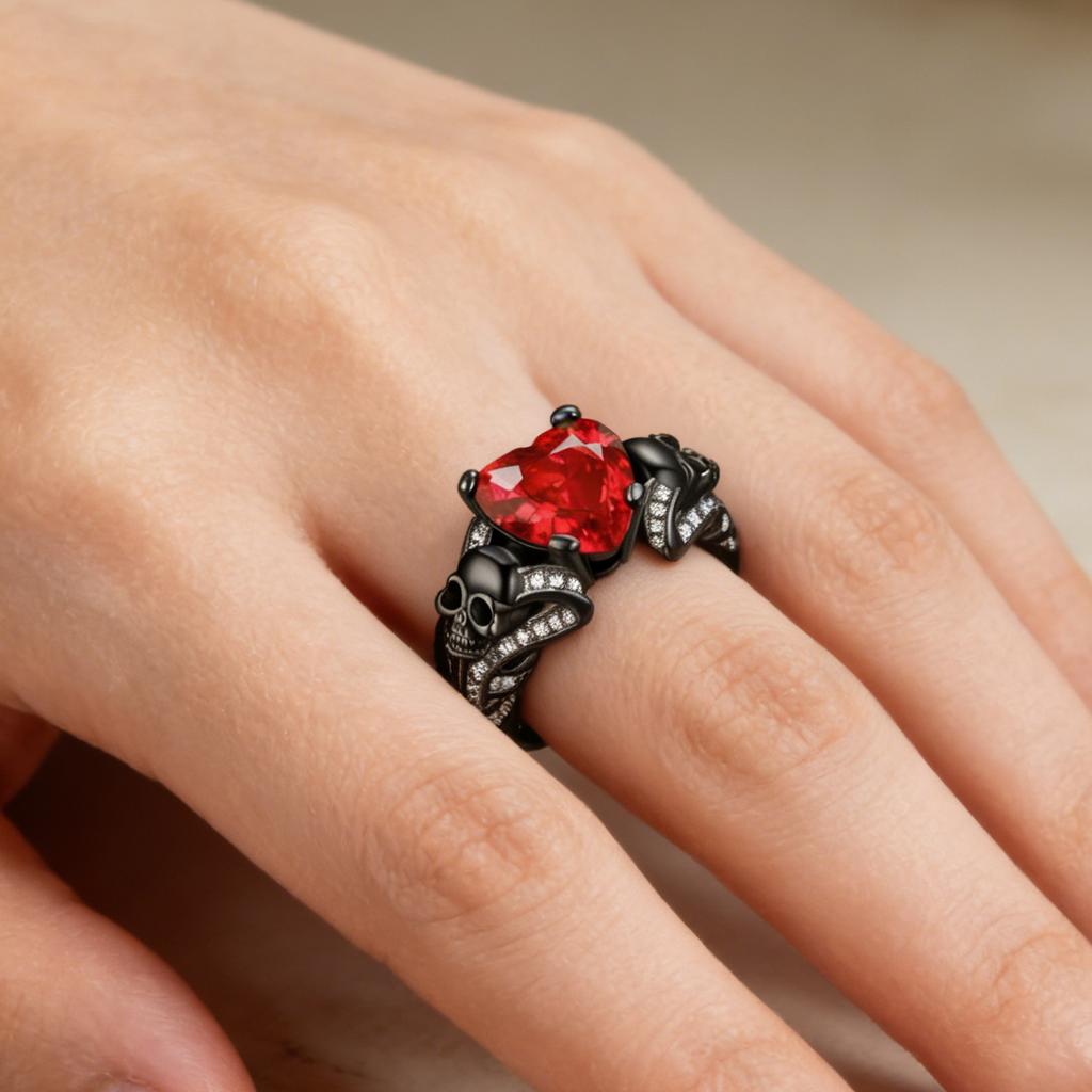 Gothic Black Crystal Skull Ring for Women, Purple Red Inlaid Crystal, Unique Dark Gothic Punk Statement Jewelry