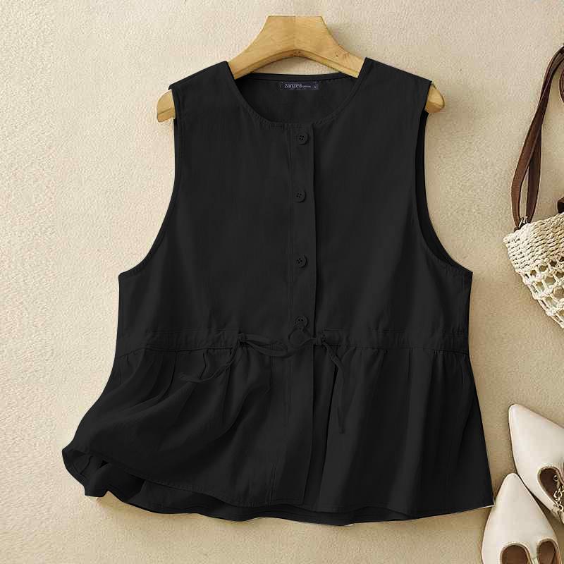 ZANZEA Women Summer Round Neck Sleeveless Drawstring Shirts