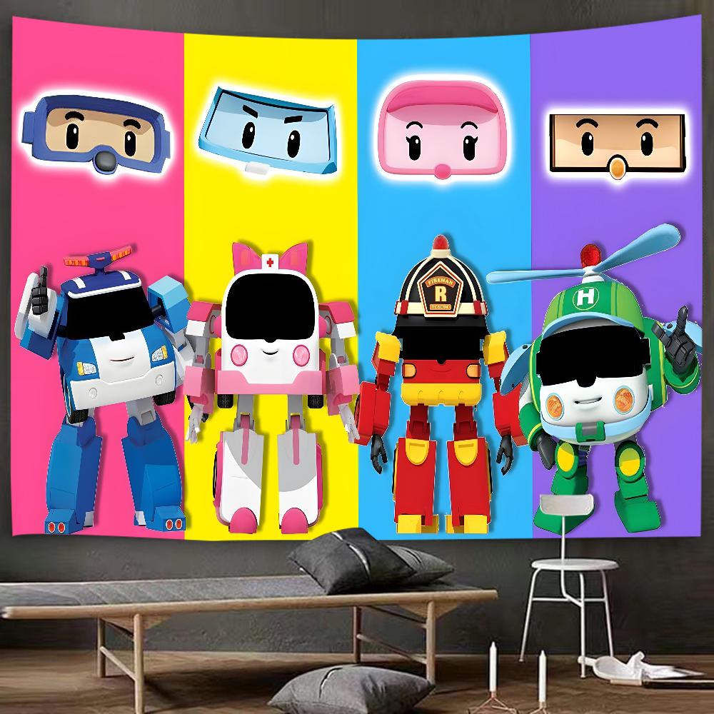 Robocar Polis theme birthday party personalized decoration background fabric cartoon style throw flag background decoration place 150x100 cm