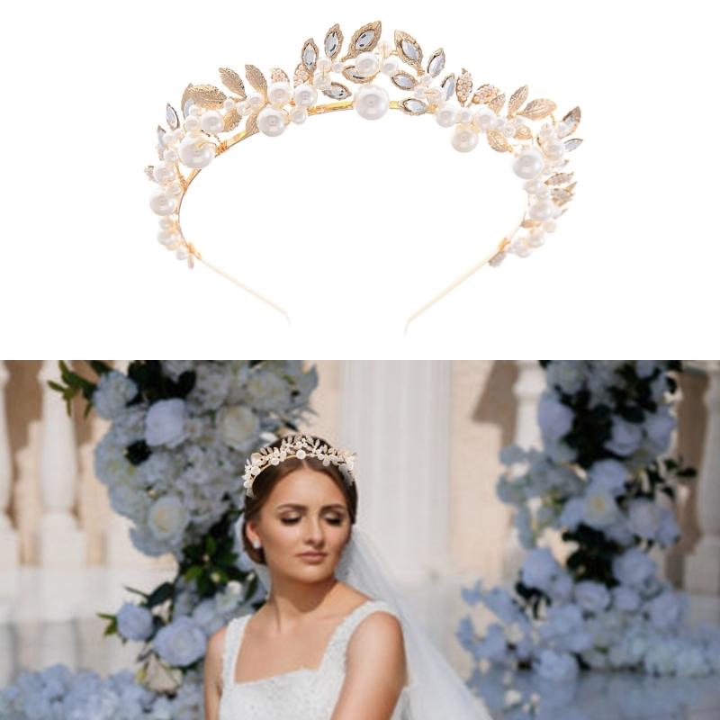 Alloy Hairband with Intricate Leaf Design Rhinestones Pearls Delicate Headpiece Suitable for Sensitive Scalp Wear