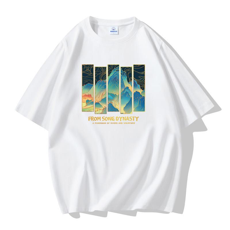 Landscape Painting Men Short Sleeves Cotton T-shirt Large Size Loose Tee