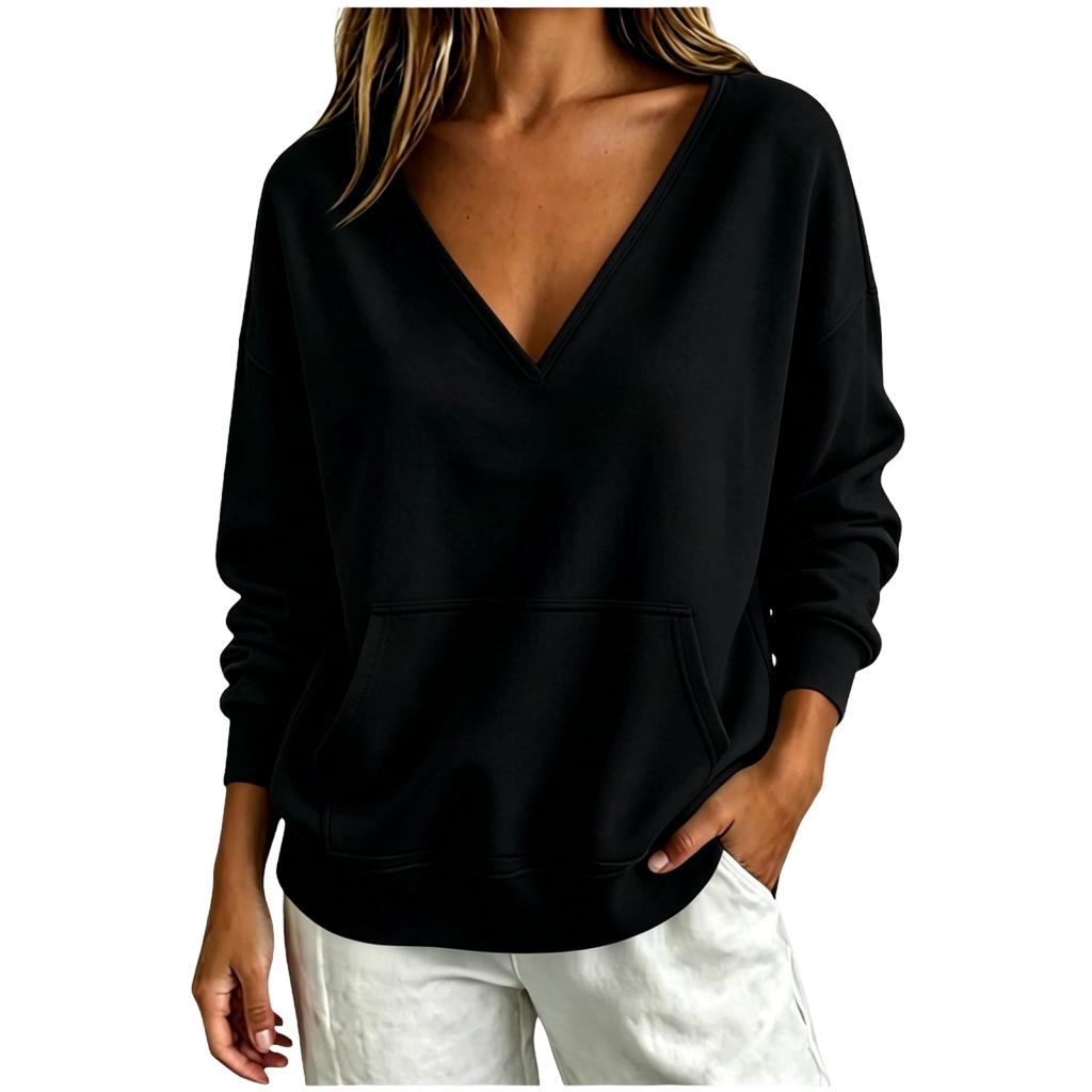 Damenmode V-Ausschnitt Langarm Pullover Sweatshirt Farbe für Lässige Alltagsmode