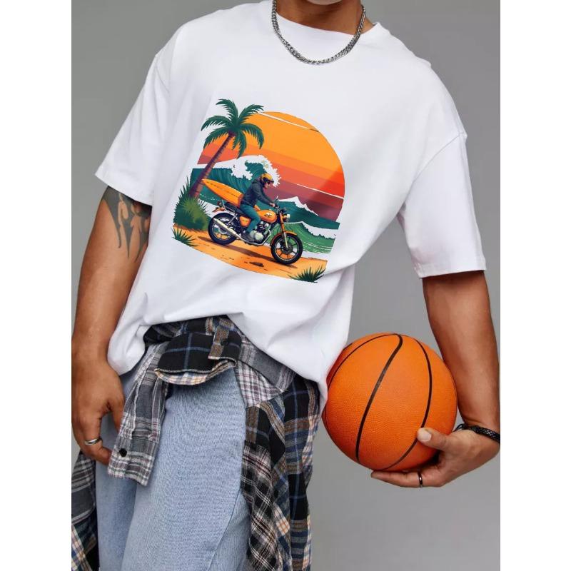 White T-Shirt with Motorcycle and Palm Tree Sunset Beach Scene Print for Casual Wear