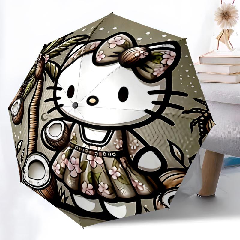 1pc Hello Kitty Tropical Palm Tree Coconut Print Umbrella - Automatic Open/Closed, Portable Folding Design, 8-Bone Iron Frame, Outdoor, Festival Gift