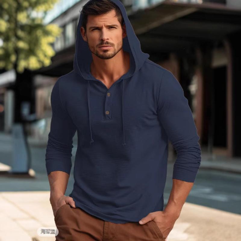 

Men s Hooded Long Sleeve Button-Up Shirt, Casual Streetwear Pullover with Front Buttons and Pockets M темно-синий