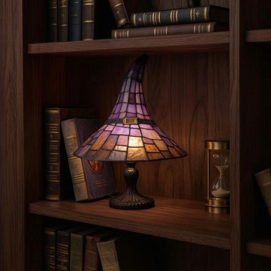 Yousheng Buntglas Hexenhut Lampe, USB-betriebenes Nachtlicht, Handgefertigte Harz-Buntglas Schreibtischlampe, Halloween Gothic Dekor für Schlafzimmer