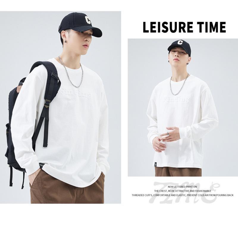 Heavyweight Pure Cotton Men Long Sleeve Crew Neck Loose Casual T Shirt