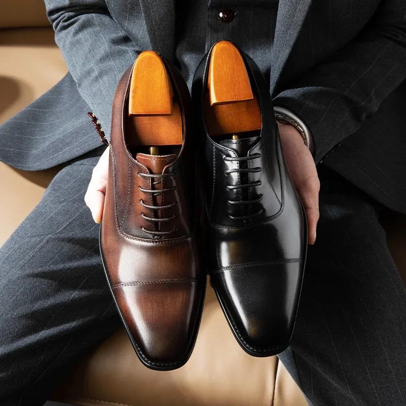Fashion Genuine Leather Shoes Classic Gentleman Lace-up Wedding Formal Shoes Top Layer Cowhide Oxfords Elegant Party Banquet Dress Shoe