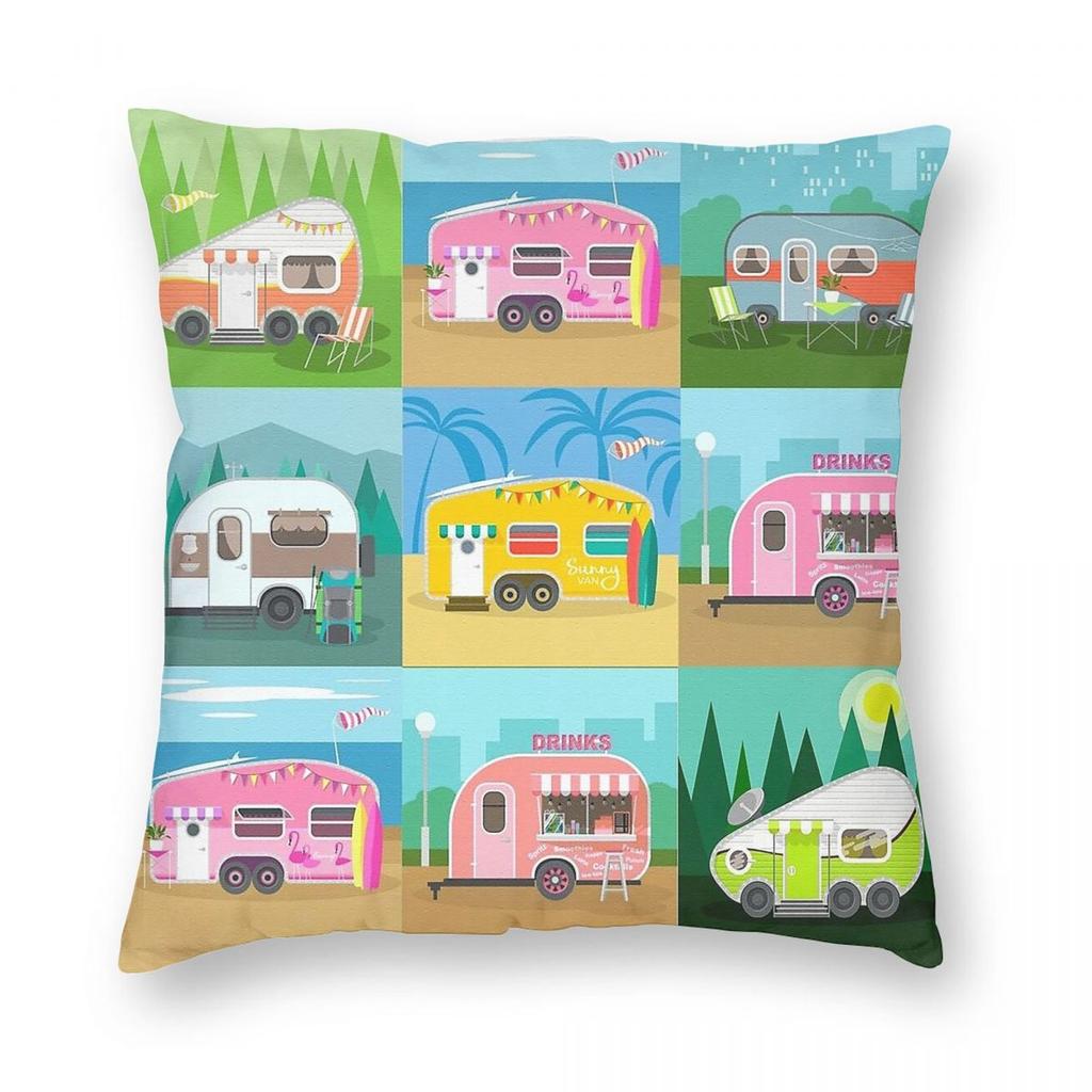Camping Trailer Caravan Square Pillowcase Polyester Linen Velvet Printed Zip Decorative Pillow Case Sofa Seater Cushion Cover