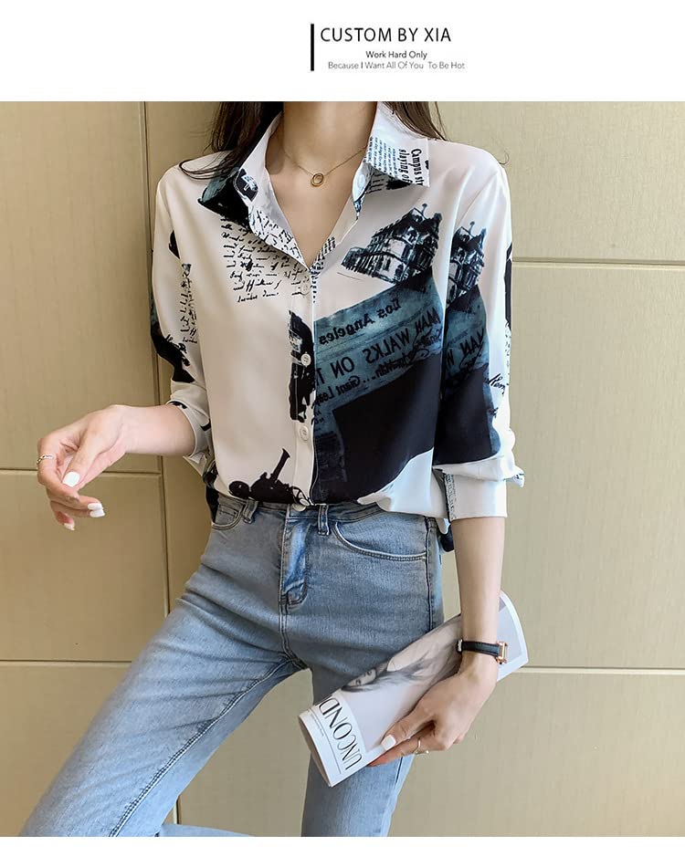 Fairy Stone Long Sleeve Chiffon Blouse with Letter Size Women's Print, V-Neck, Casual/Formal, B-24 (White, M)