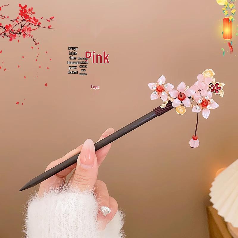 High-End Chinese Wooden Hairpin with Tassels – Ancient Style Ebony Faux for Women