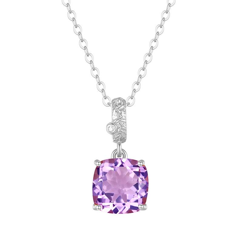 Women's S925 Pure Silver Necklace, Ice-Cut Natural Crystal, Premium Gemstone Series, Princess Square Pendant