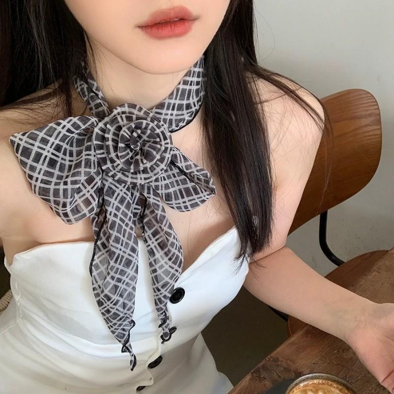 Floral Chiffon Scarf With Rose Decor Sweet Neck Scarf For Women Casual Dress Shirt Accessory