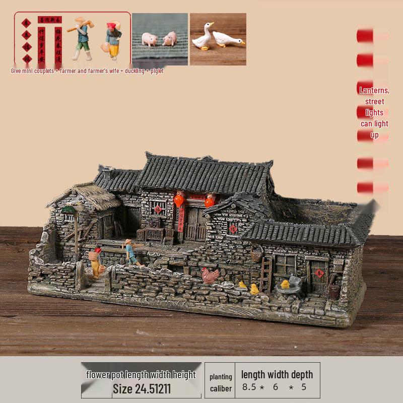 Retro Farmhouse Courtyard Miniature: Nostalgic Desktop Bonsai Decor for Living Room