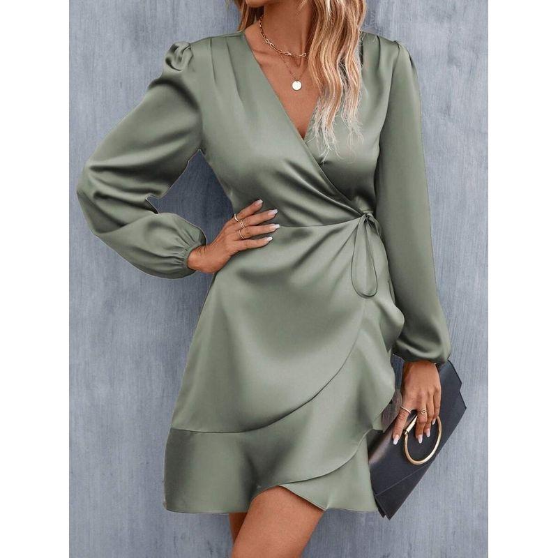 Summer Satin Dress European and American Women Summer V-neck Satin Dress Satin Waist Hugging Low Cut Midi dress