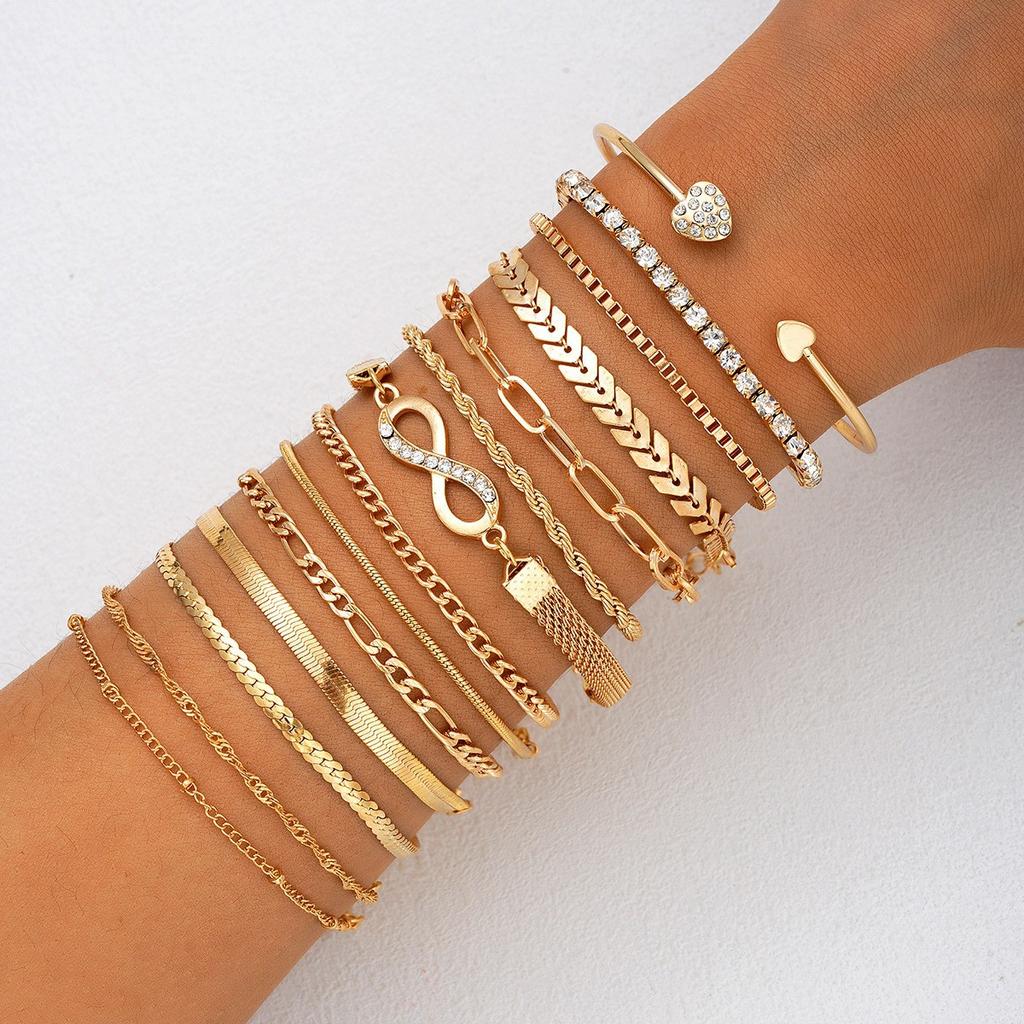 11 Pcs/Set Chic Snake Chain Bracelet Set for Women Boho Simple Elegant Heart Geometric Chain Vacation Date Casual Jewelry Gifts