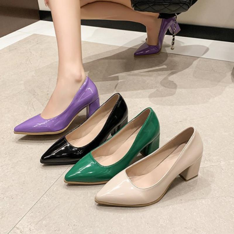 Women's Autumn High Heels Thick Heel Patent Leather Pointed Toe Luxury Leather Shoes