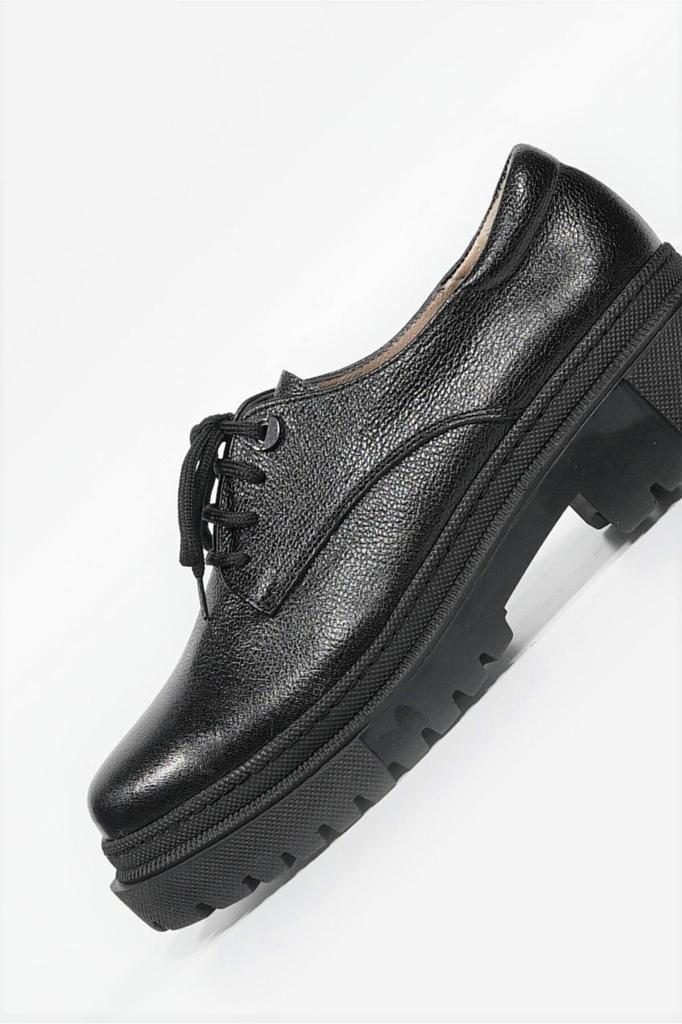 Women's Fashion Genuine Leather Thick Heeled Oxford Black Lace-up Oxford Shoes