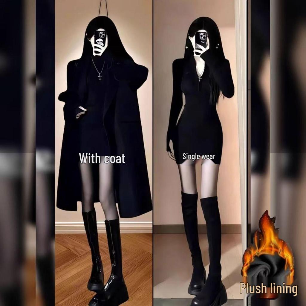 Black Fleece-Lined Hip-Hugging Skirt for Petite Figures - Sexy, Thickened Autumn/Winter Mini Dress