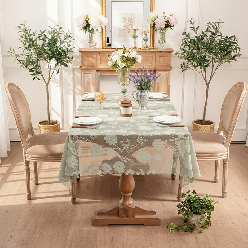 

White French Lace Pastoral Tablecloth, Literary And Retro Dining Table Coffee Table Bud Embroidered Cover Towel Ins Wind And Dust Decoration 140*100cm зелений