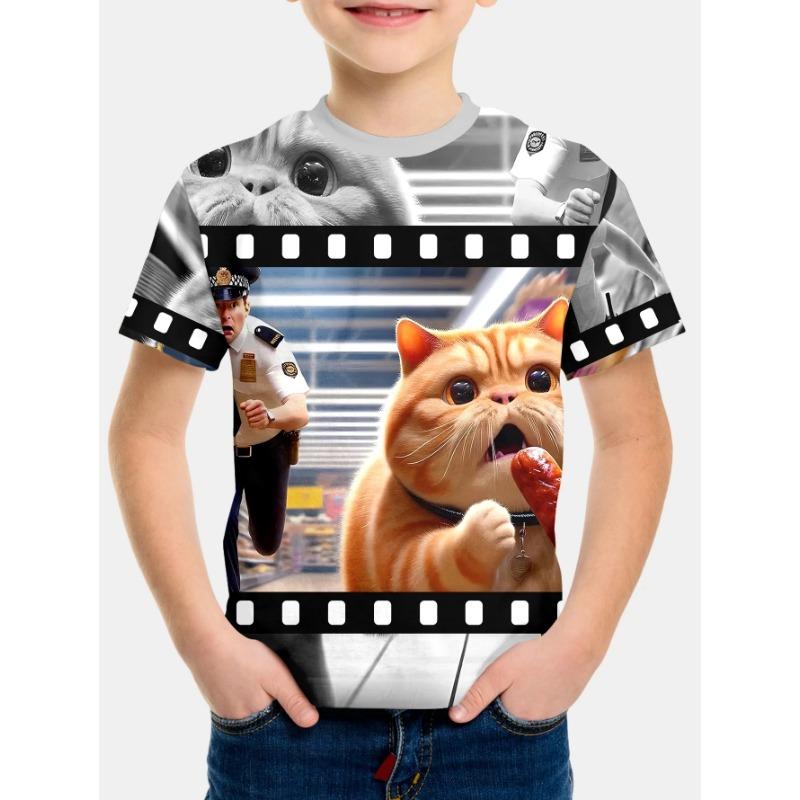 Summer Round Neck 3D Cat Pattern Printed Top Fashionable and Casual Short Sleeved Children's Boy T-shirts