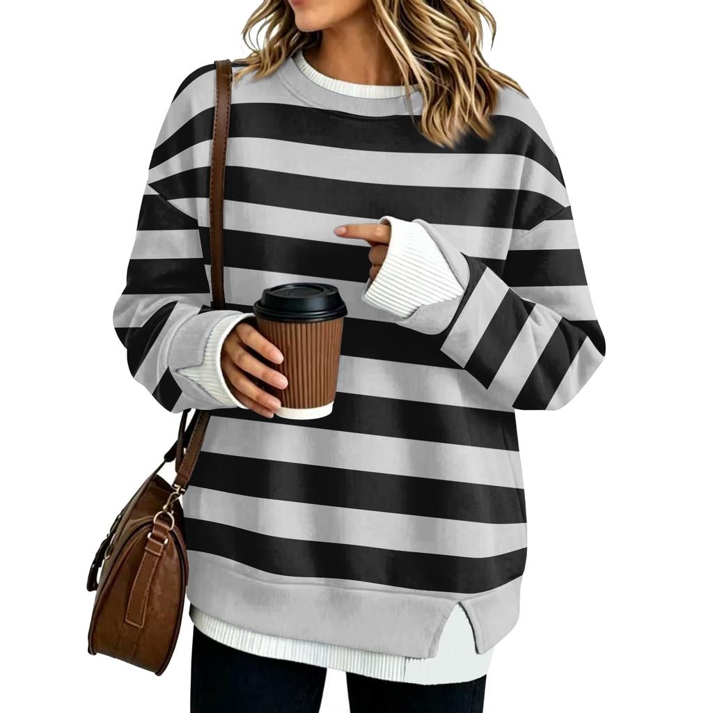 Damen Mode Lässig Gestreift Langarm Sweatshirt Zweiteilig Locker Sitzend Pullover Oberteil