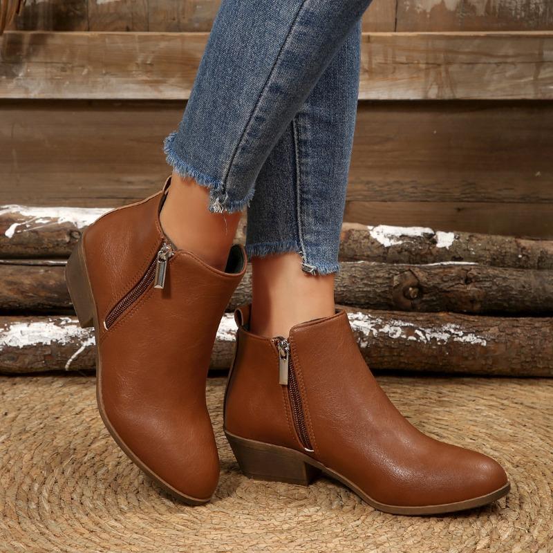 Fashion Women's Fashion Block Heel Booties Fall New Round Toe Side Zipper Soft Slip Single Boots