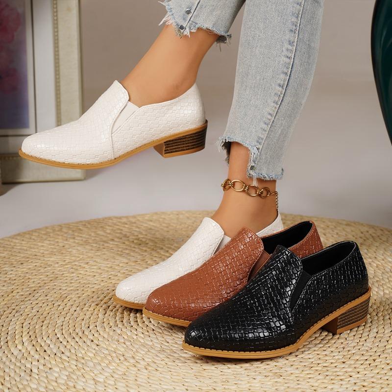 Women's Spring-Autumn Pointed-Toe Chunky-Heel Deep-Mouth Slip-On Casual Shoes, Korean Style Comfortable Leather Footwear.