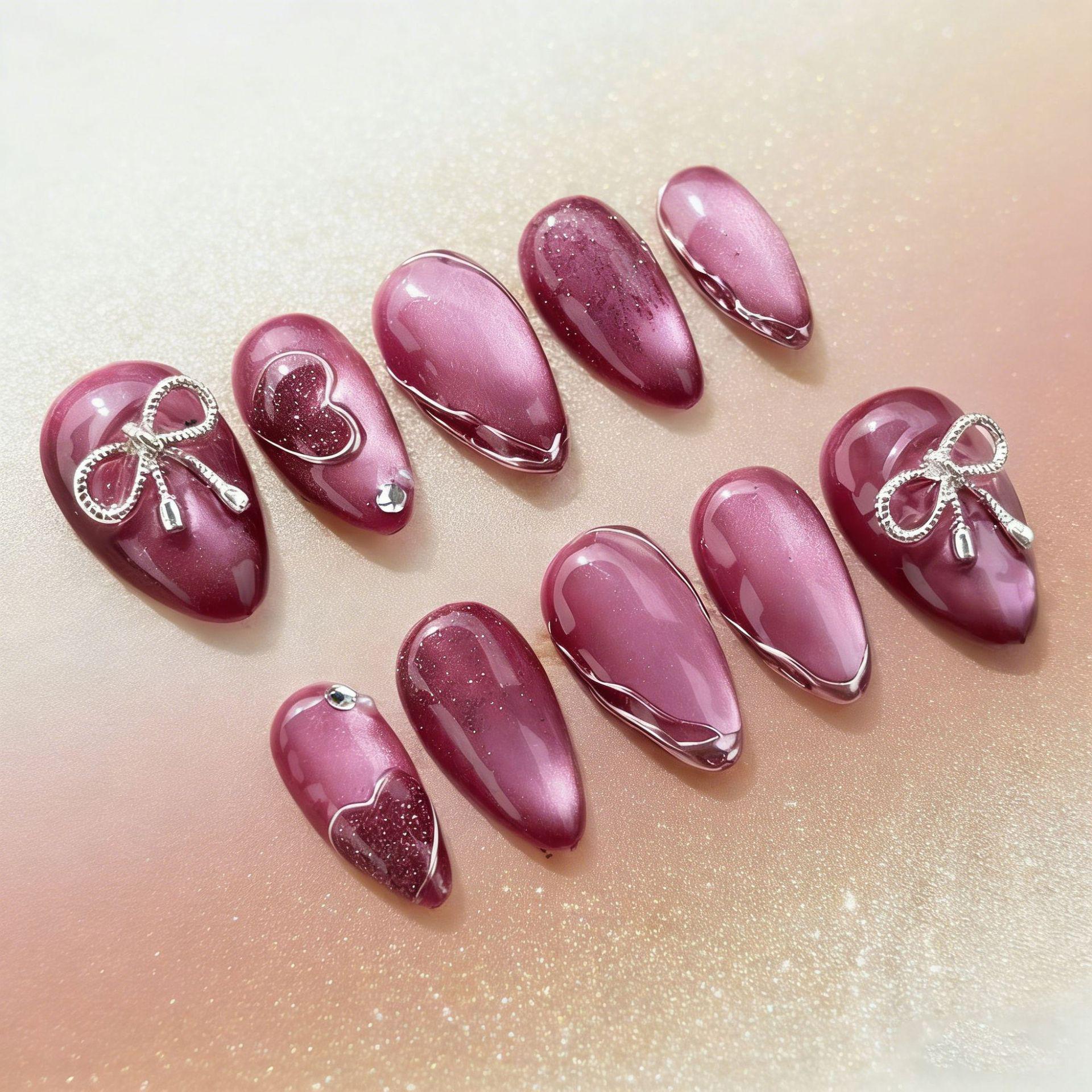 30pcs Gilding Heart Almond Ombre Cat Eye Bow Gradient Wearable Nail Art Tips