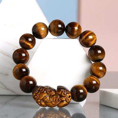 Pulsera con cuentas de ojo de tigre amarillo de piedra natural para hombres y mujeres, pulsera de hilo Pixiu de la suerte china, regalos de joyería